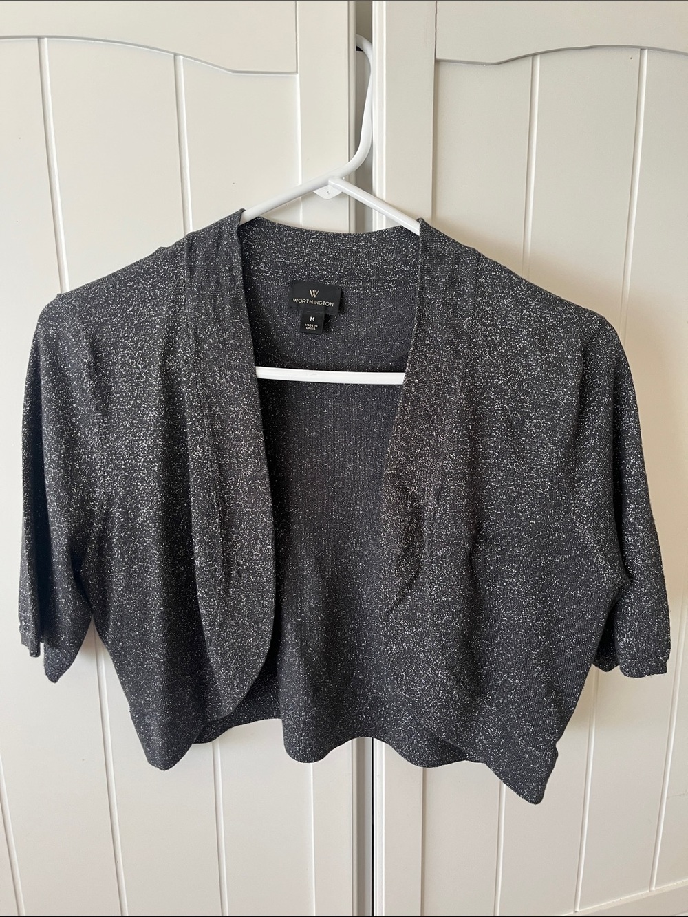 Silver gray metallic shrug, medium